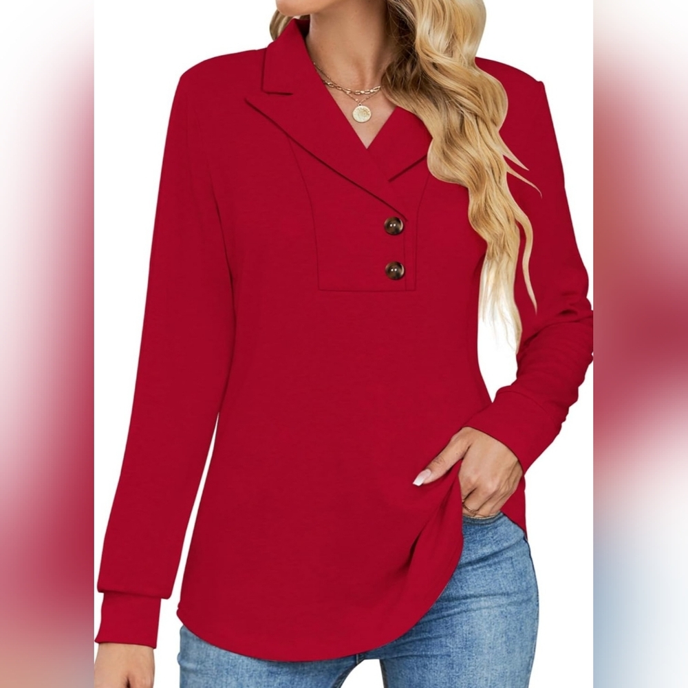 Micoson Women's Long Sleeve Button Lapel Tunic Top V Neck Red Stretch Sz XL NWT